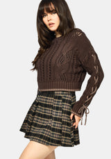 Sycamore Cotton Lace Up Sleeve Cable Knit Crop Jumper - Brown