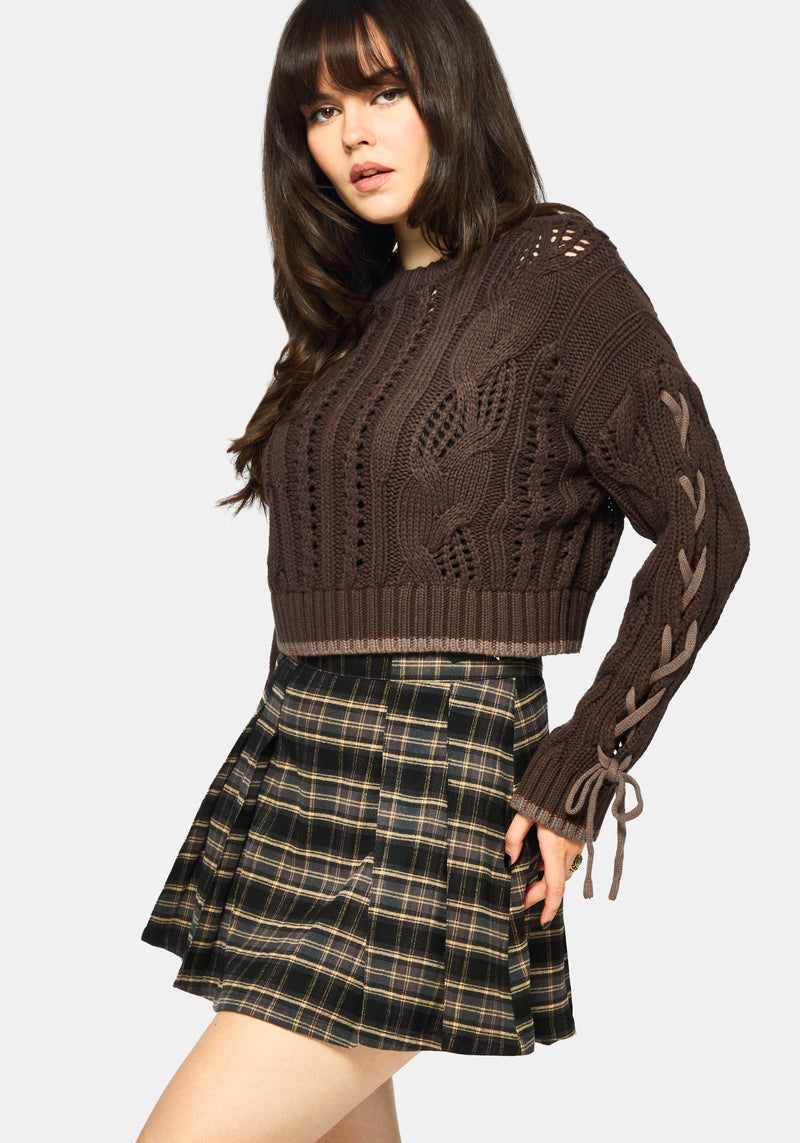 Sycamore Cotton Lace Up Sleeve Cable Knit Crop Jumper - Brown