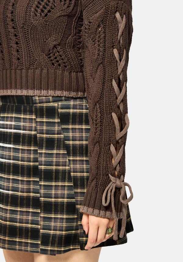Sycamore Cotton Lace Up Sleeve Cable Knit Crop Jumper - Brown