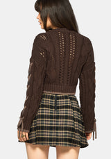 Sycamore Cotton Lace Up Sleeve Cable Knit Crop Jumper - Brown