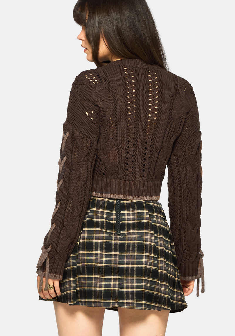 Sycamore Cotton Lace Up Sleeve Cable Knit Crop Jumper - Brown