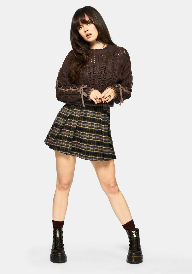 Sycamore Cotton Lace Up Sleeve Cable Knit Crop Jumper - Brown