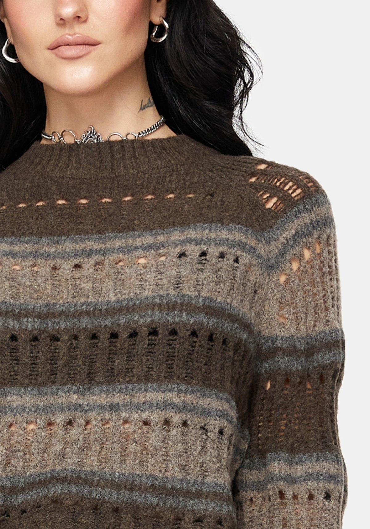 Splinter Streifen Gestrickt Ausgestellt Ärmel Kurz Pullover - Braun