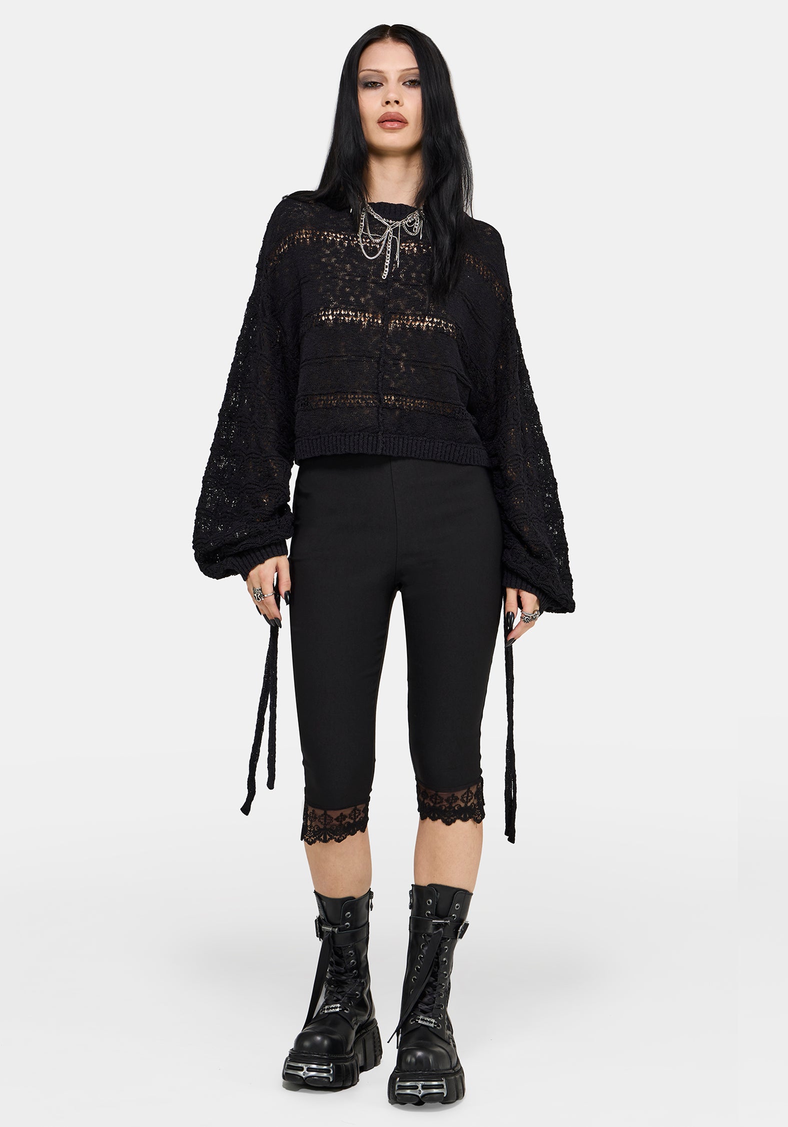 Cherith Ballon Ärmel Pointelle Streifen Pullover