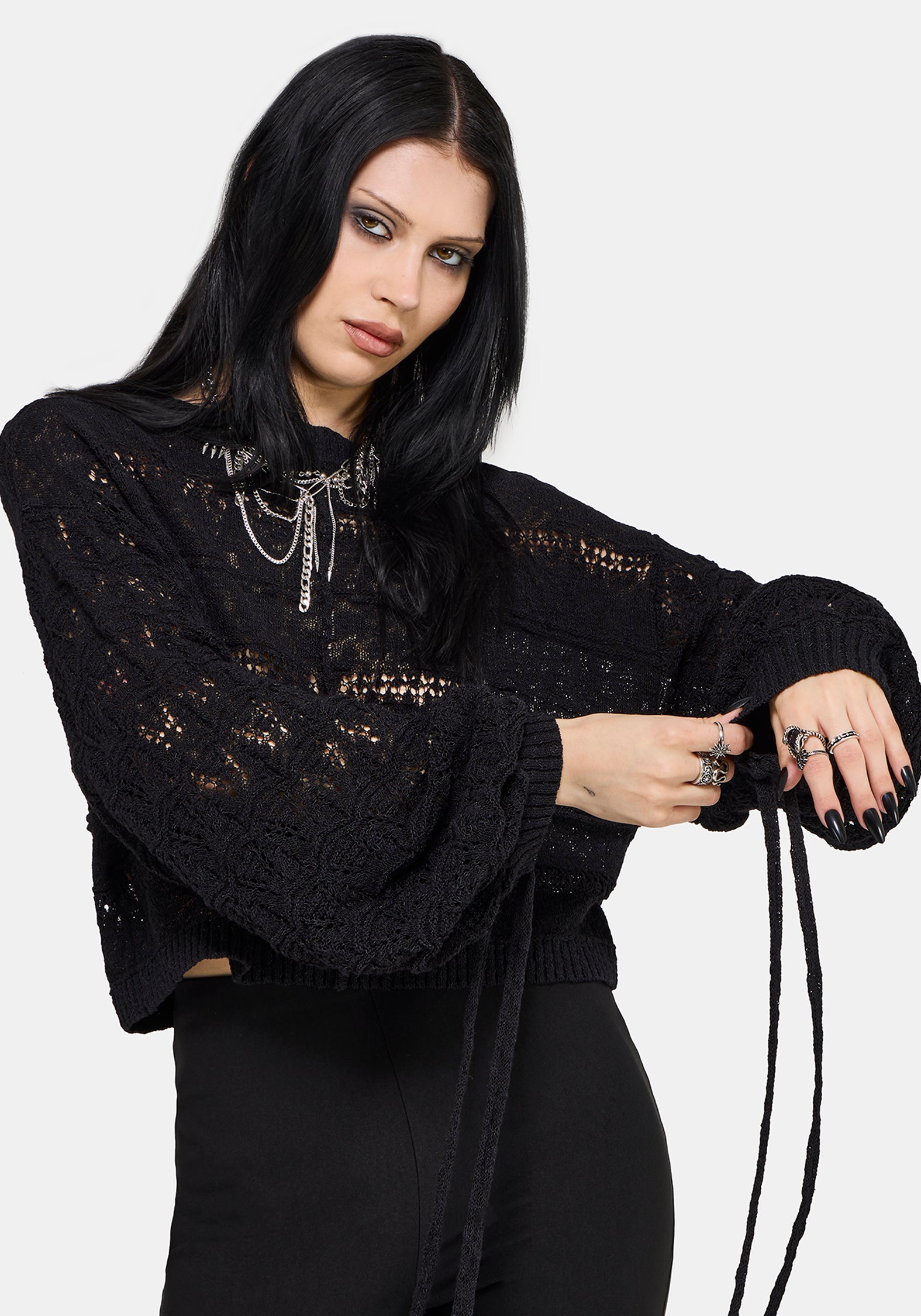 Cherith Ballon Ärmel Pointelle Streifen Pullover