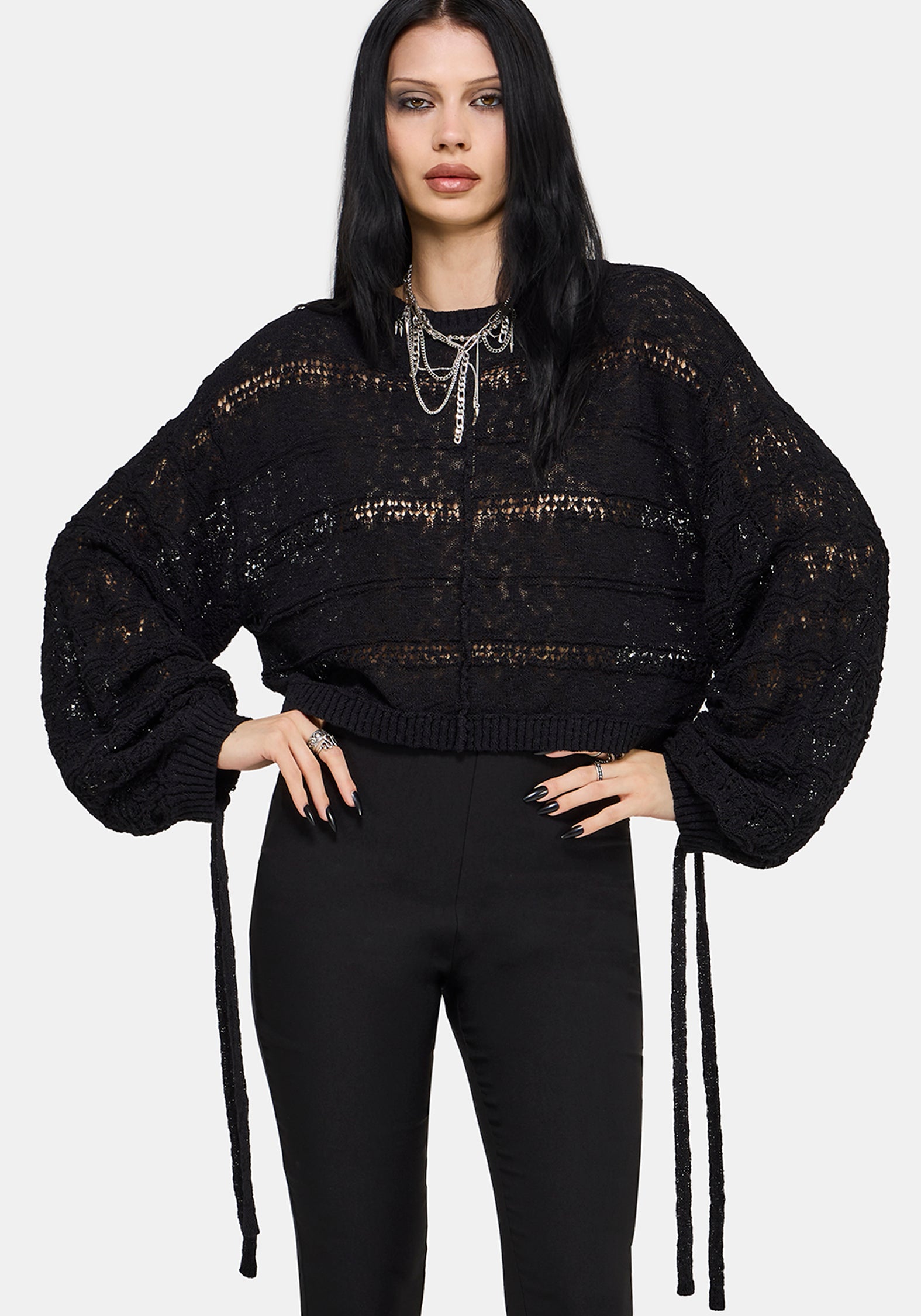 Cherith Ballon Ärmel Pointelle Streifen Pullover
