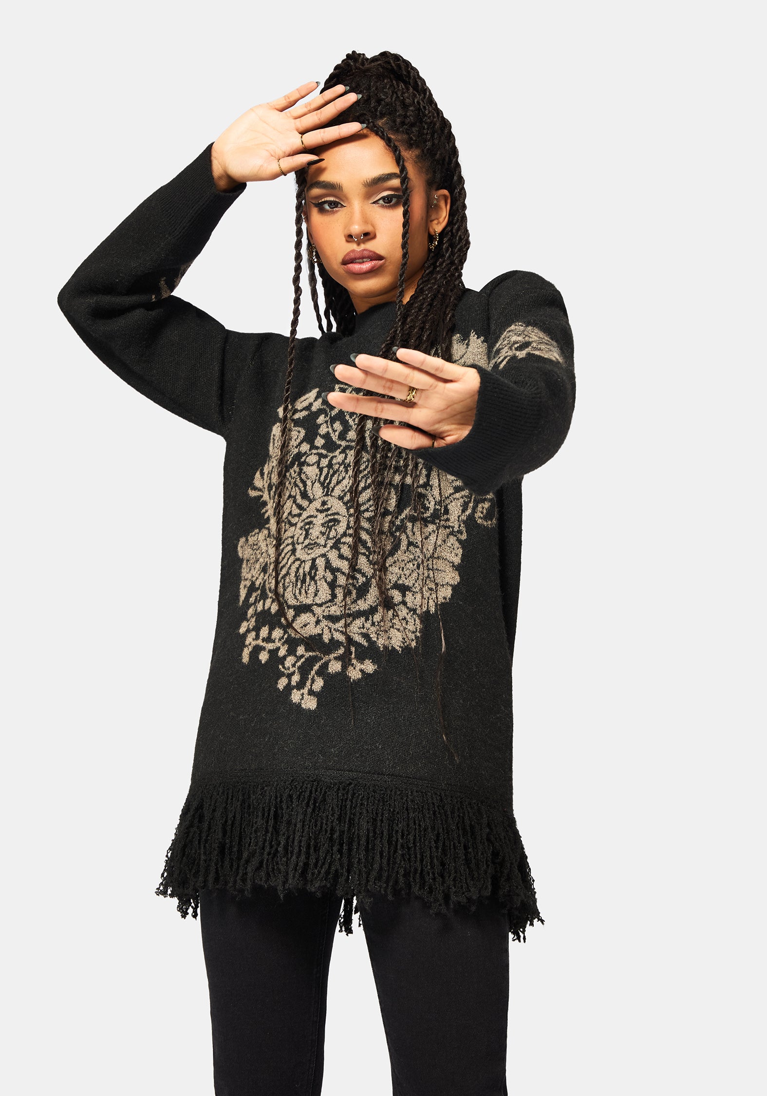 Dia Fransen Saum Jacquard Gestrickt Pullover