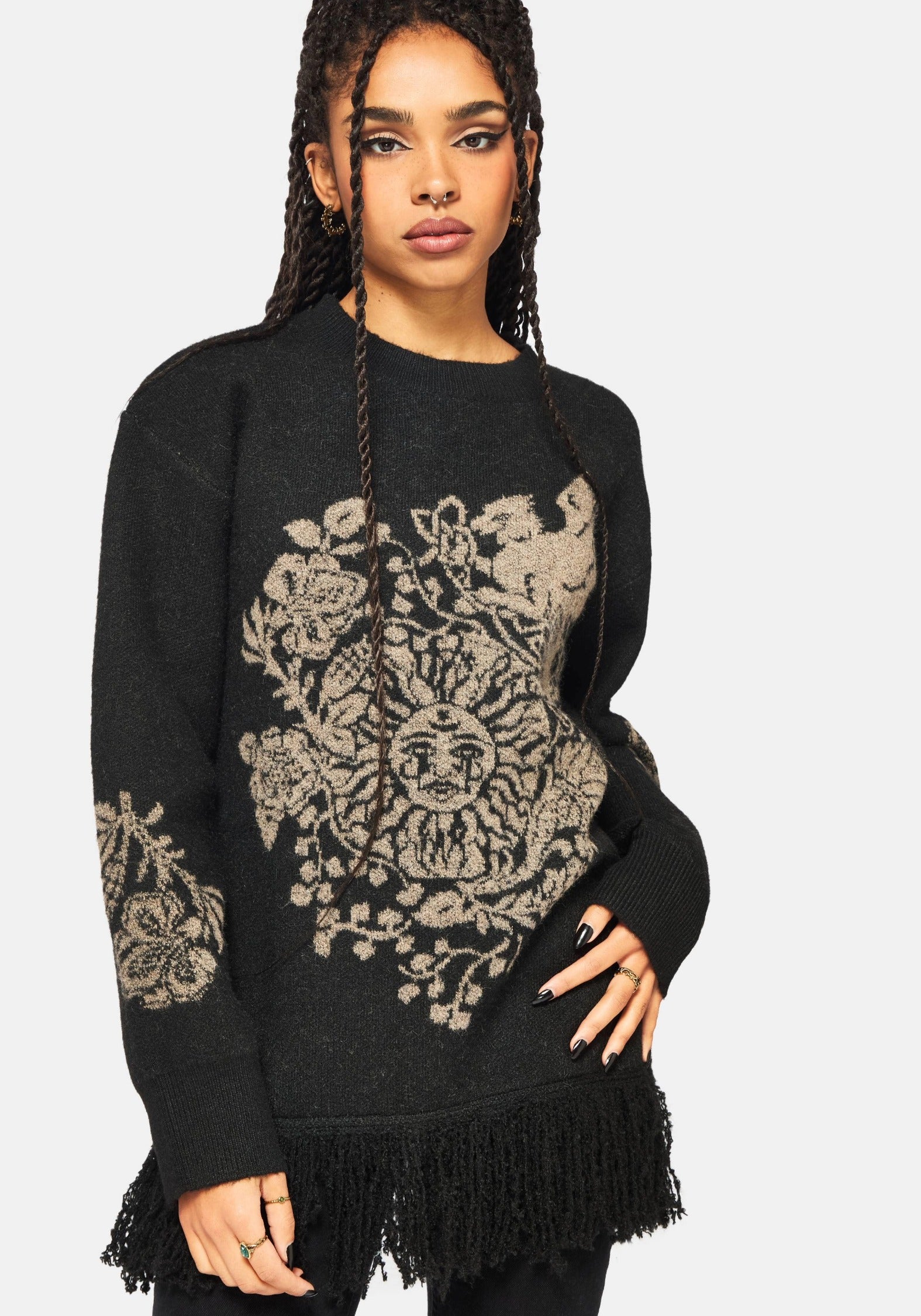 Dia Fransen Saum Jacquard Gestrickt Pullover