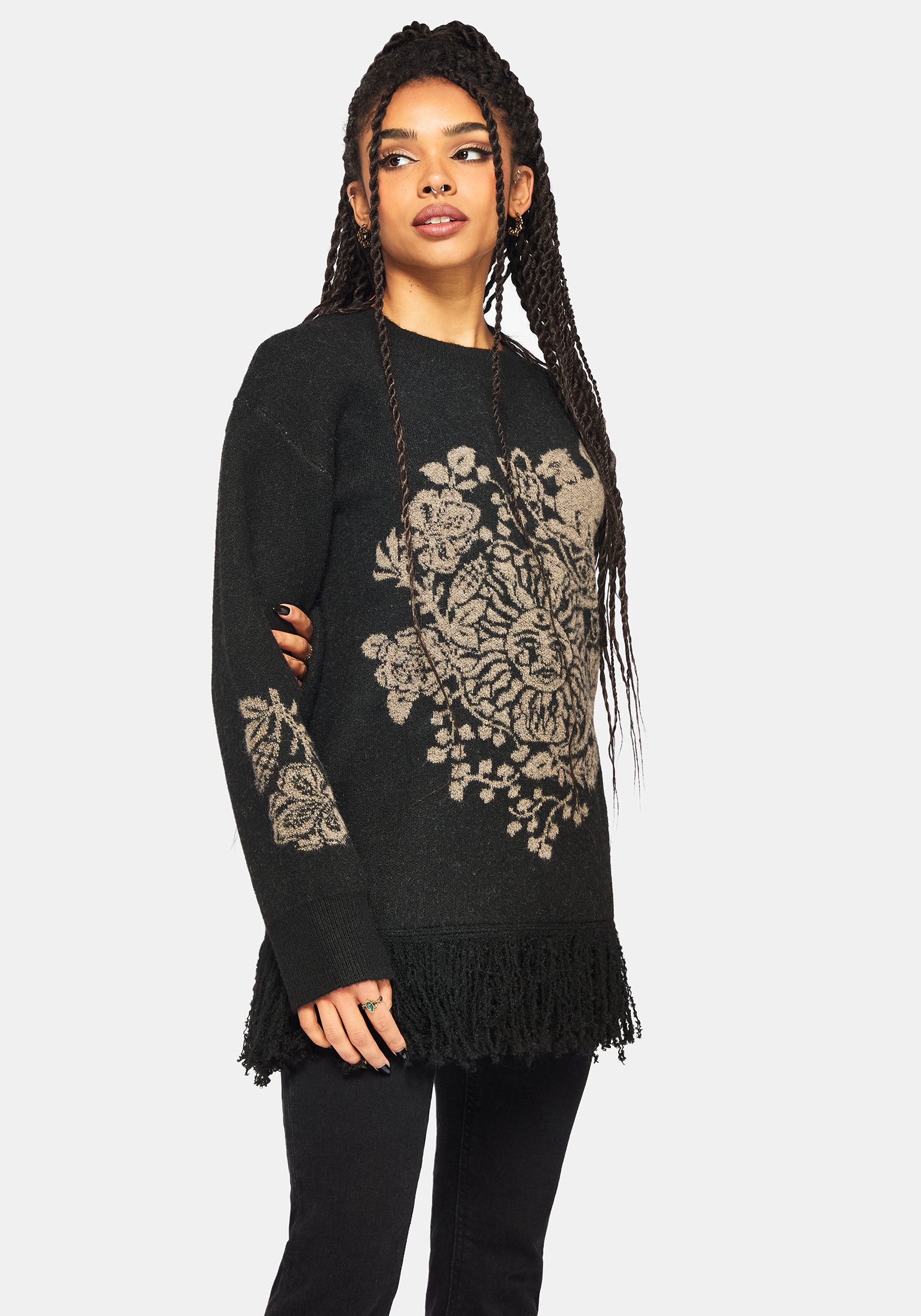 Dia Fransen Saum Jacquard Gestrickt Pullover