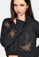 Ember Moth Bestickt V-Hals Strick Pullover
