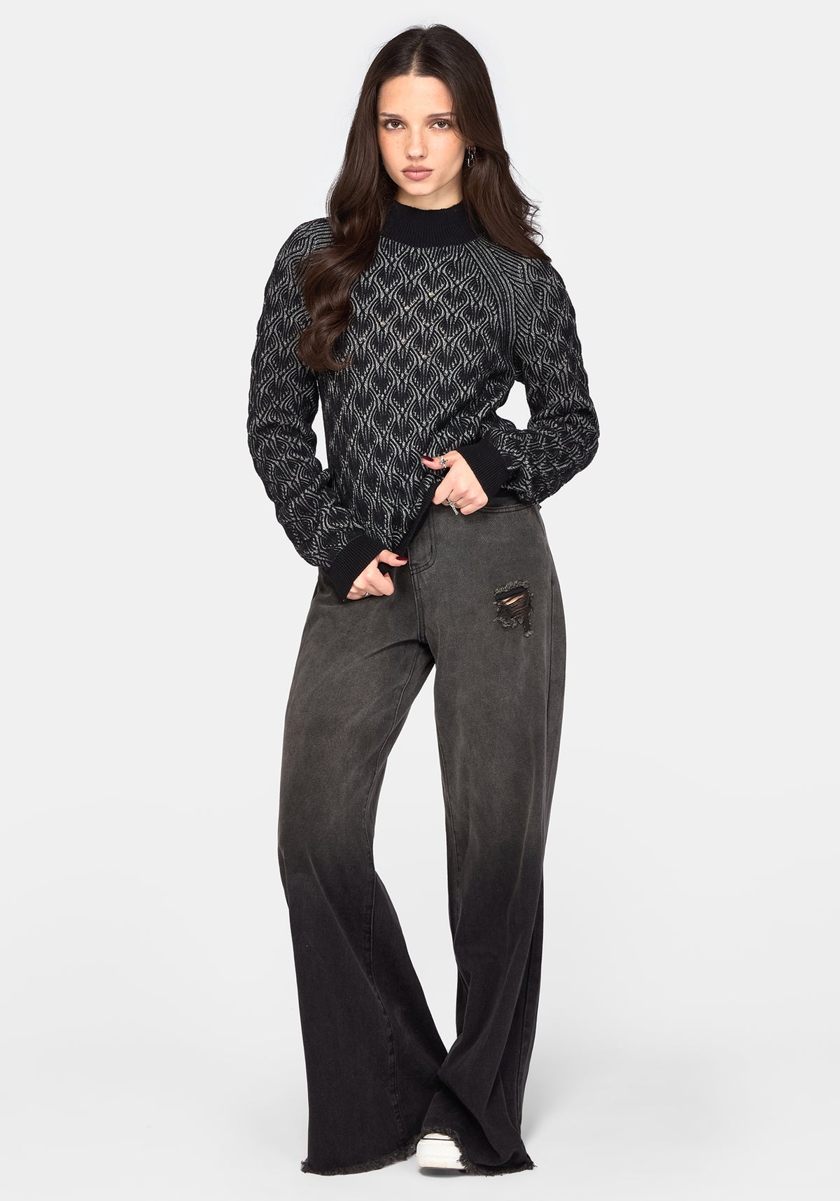 Edna Baumwolle Leaf Gerippt Funnel Hals Pullover - Schwarz