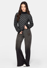 Edna Baumwolle Leaf Gerippt Funnel Hals Pullover - Schwarz