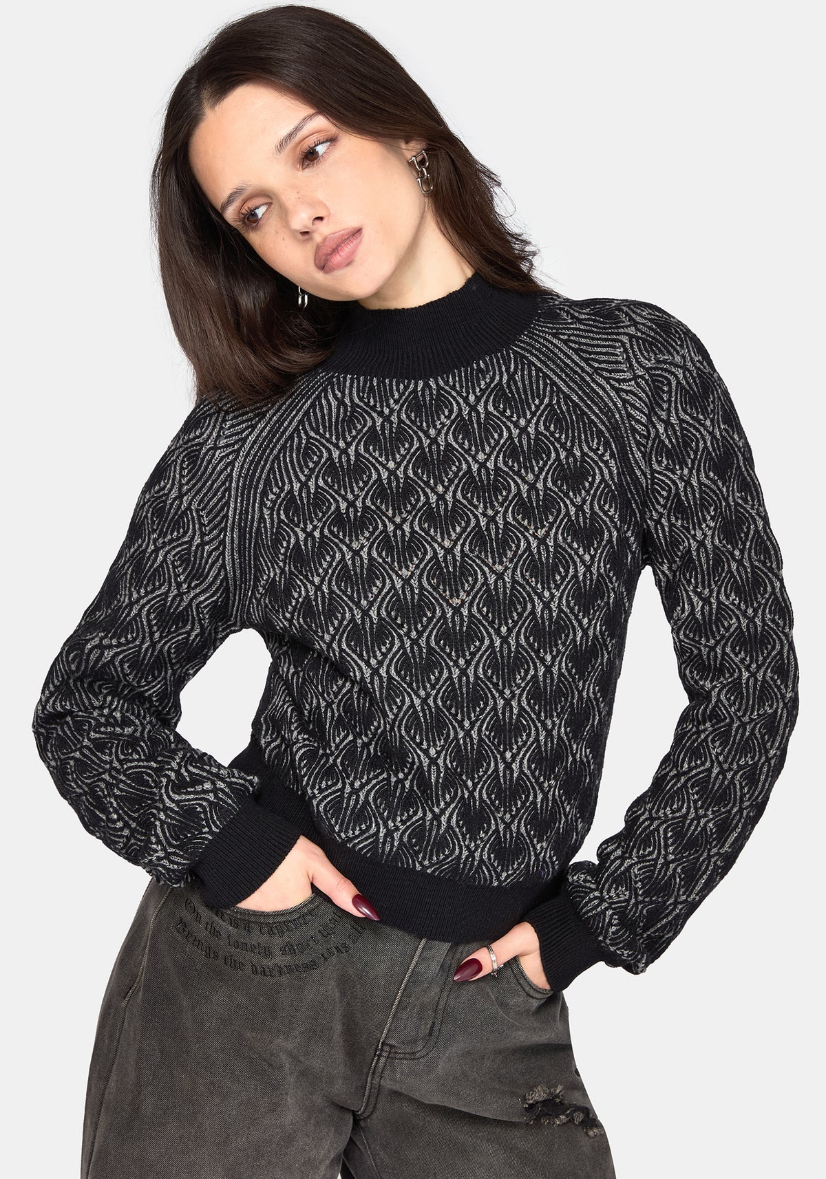 Edna Baumwolle Leaf Gerippt Funnel Hals Pullover - Schwarz