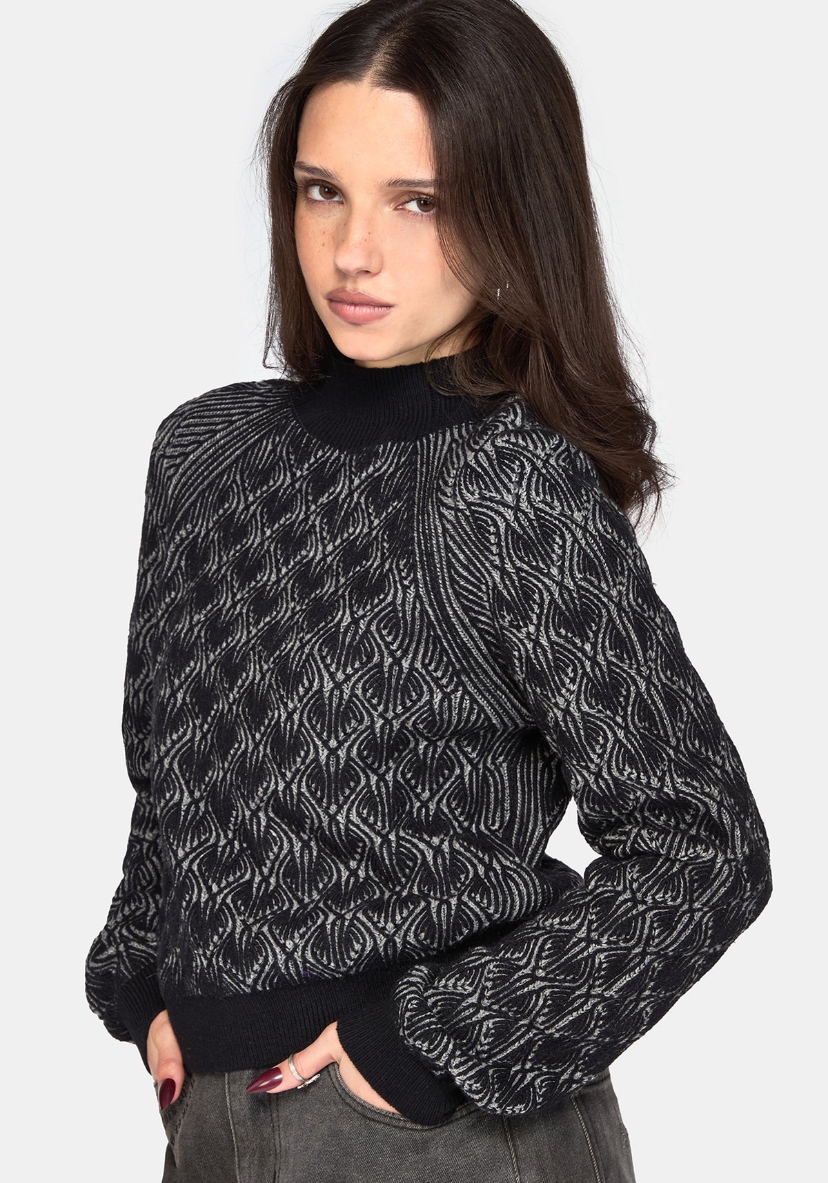 Edna Baumwolle Leaf Gerippt Funnel Hals Pullover - Schwarz