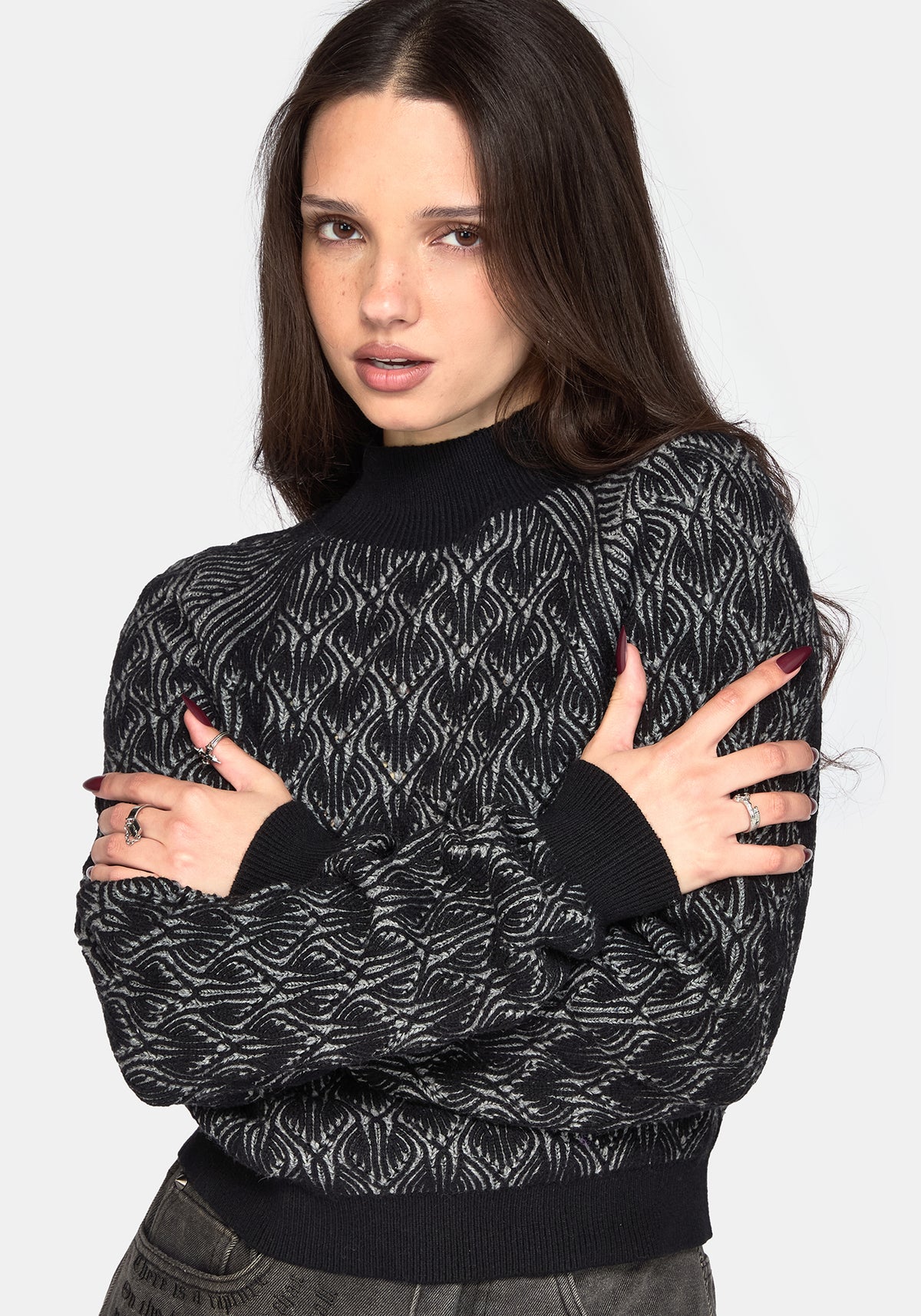 Edna Baumwolle Leaf Gerippt Funnel Hals Pullover - Schwarz