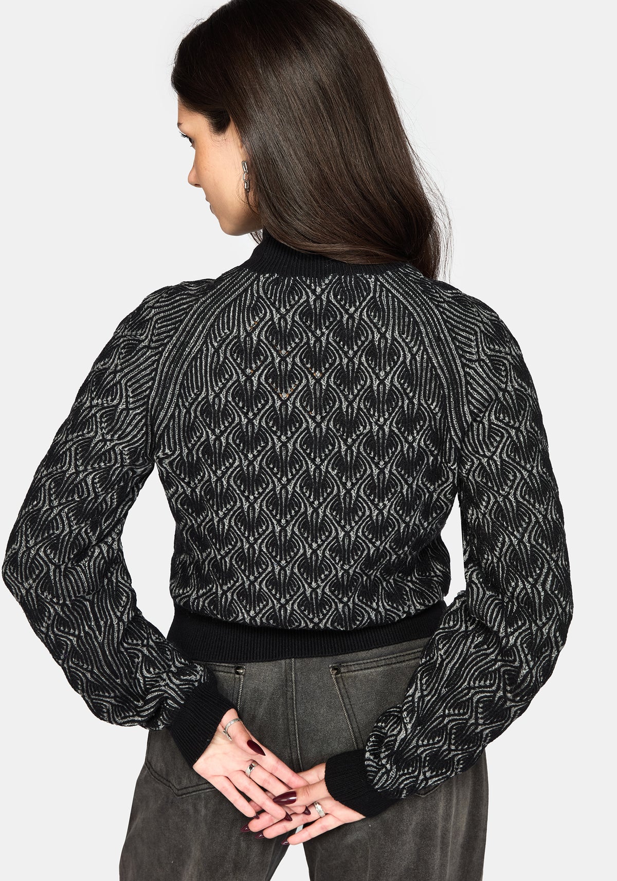 Edna Baumwolle Leaf Gerippt Funnel Hals Pullover - Schwarz