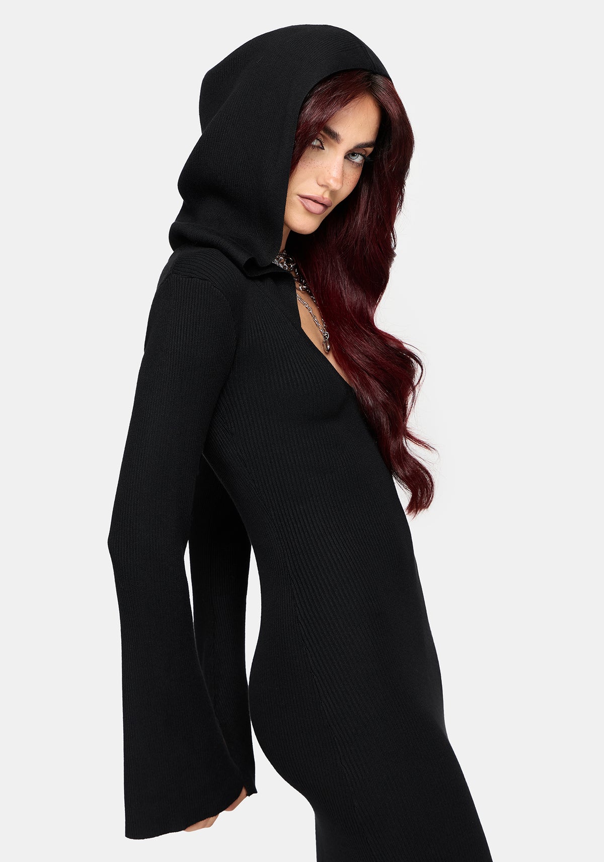 Heike Mit Kapuze Gerippt Strick Kleid