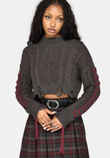 Skulk Distressed Cable Knit Crop Jumper - Charcoal