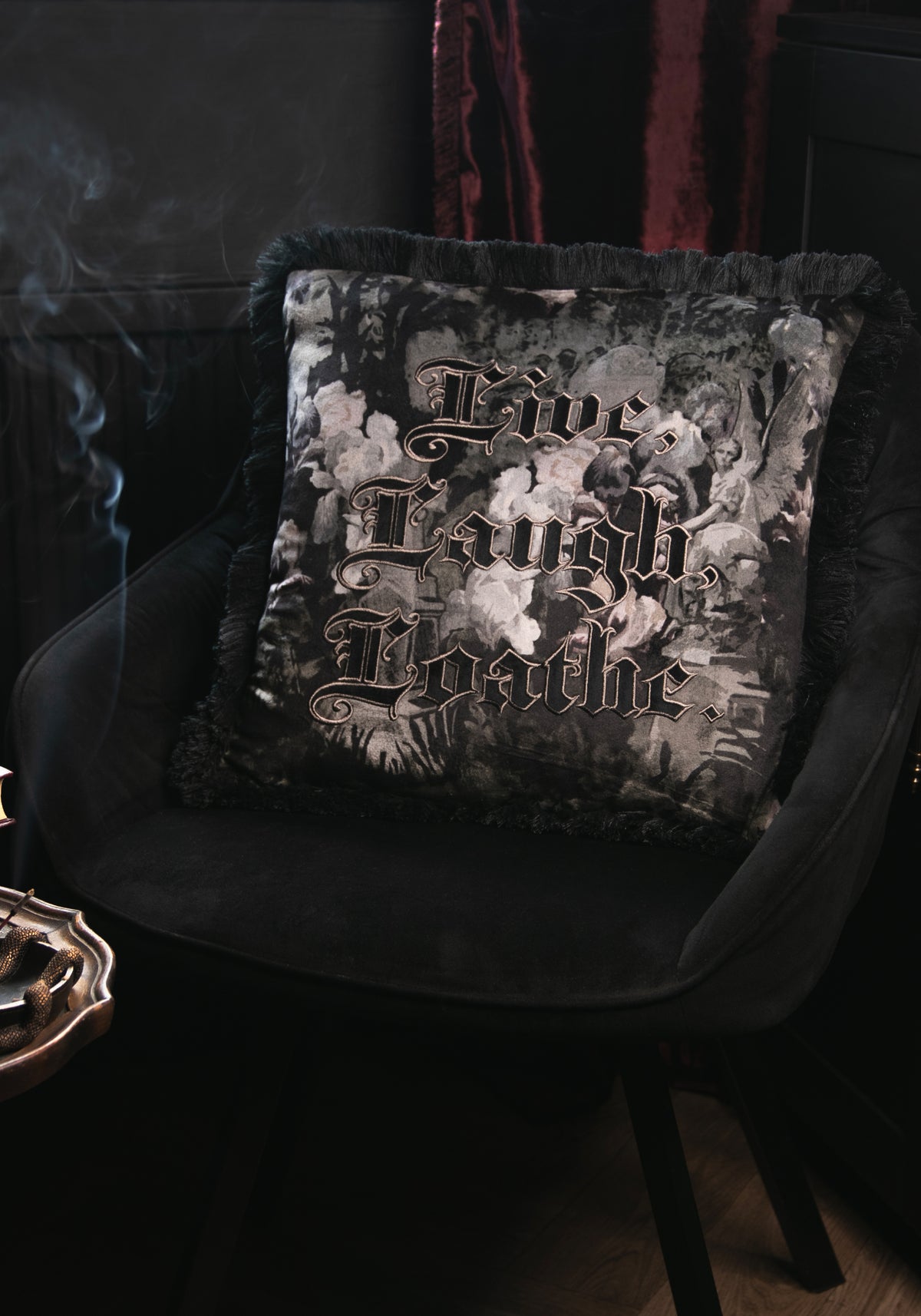 Live Laugh Loathe Velvet Embroidered Cushion
