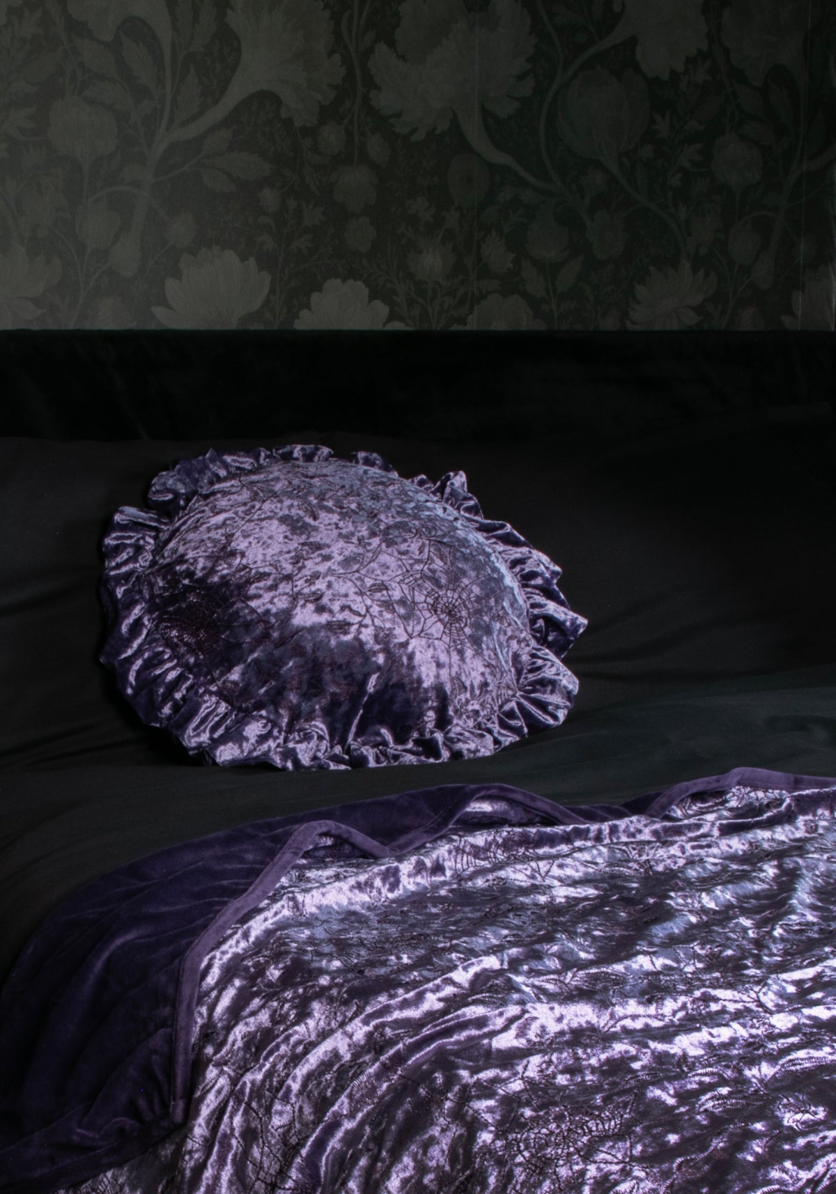 Deadly Nightshade Velvet Ruffle Cushion