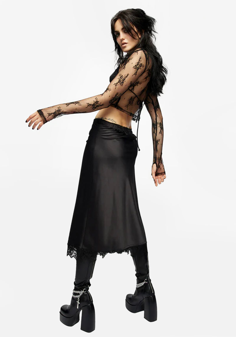 Medeina Spitze Besatz Satin Midi Rock Mitternacht