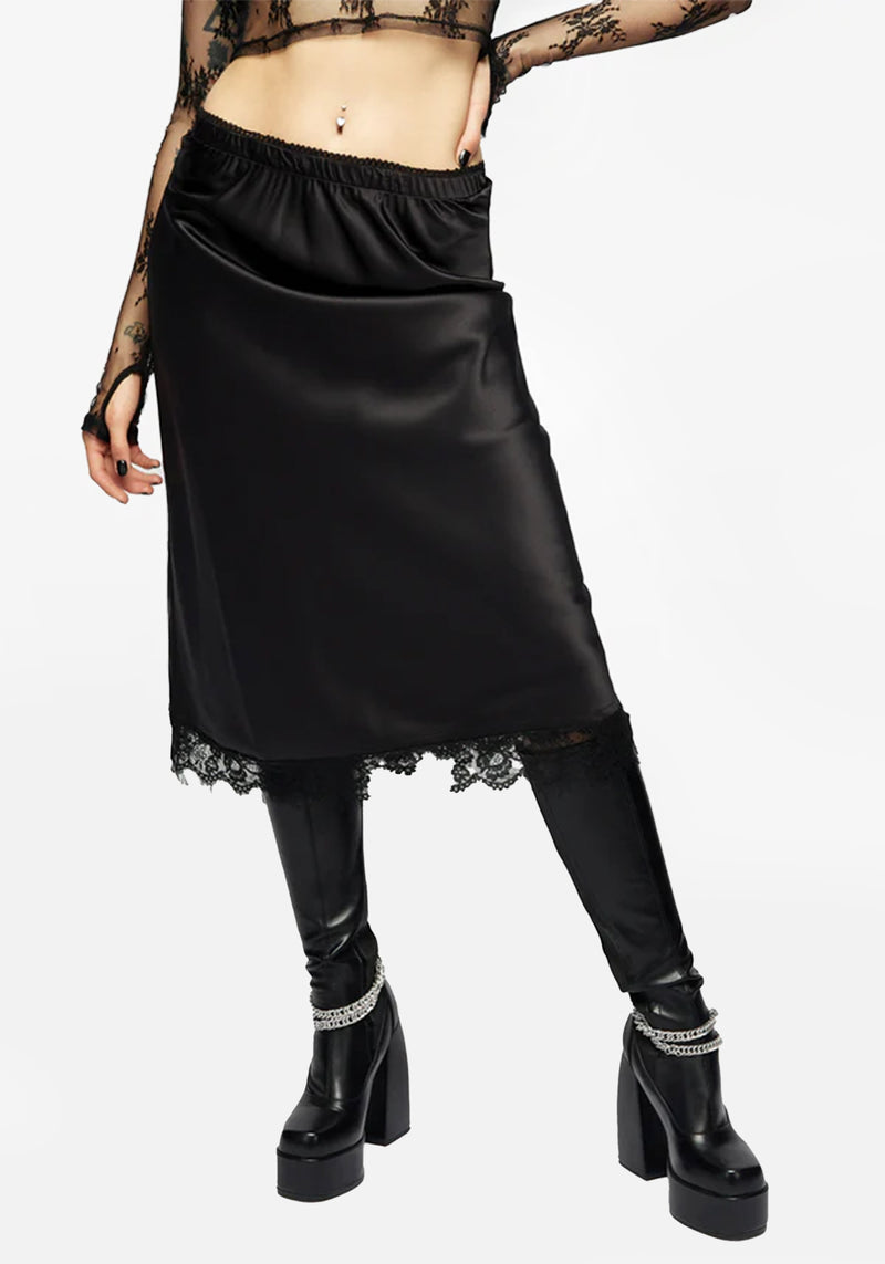 Medeina Spitze Besatz Satin Midi Rock Mitternacht