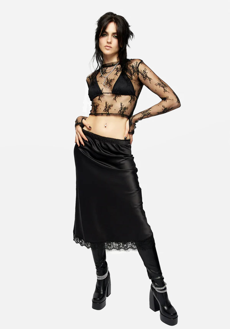 Medeina Spitze Besatz Satin Midi Rock Mitternacht