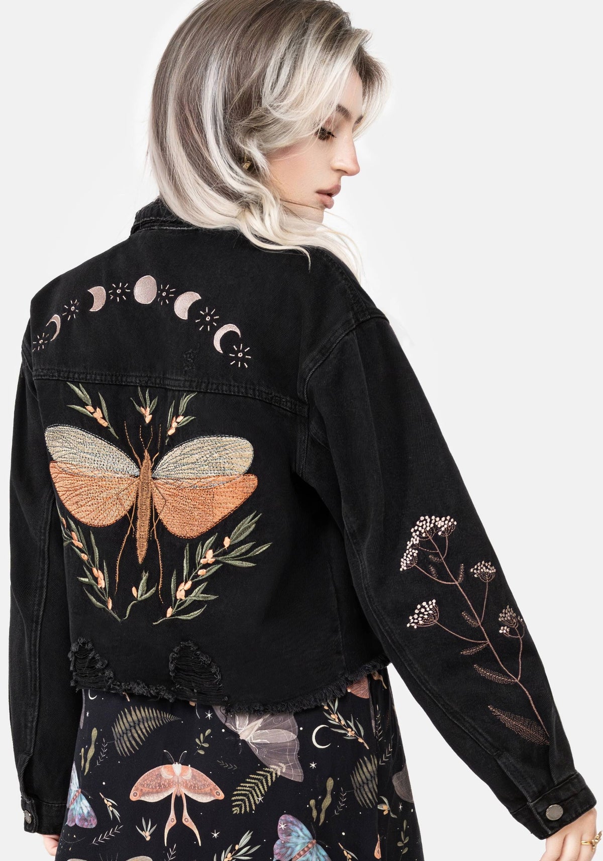 Griffinfly Bestickt Abgenutzt Denim Jacke