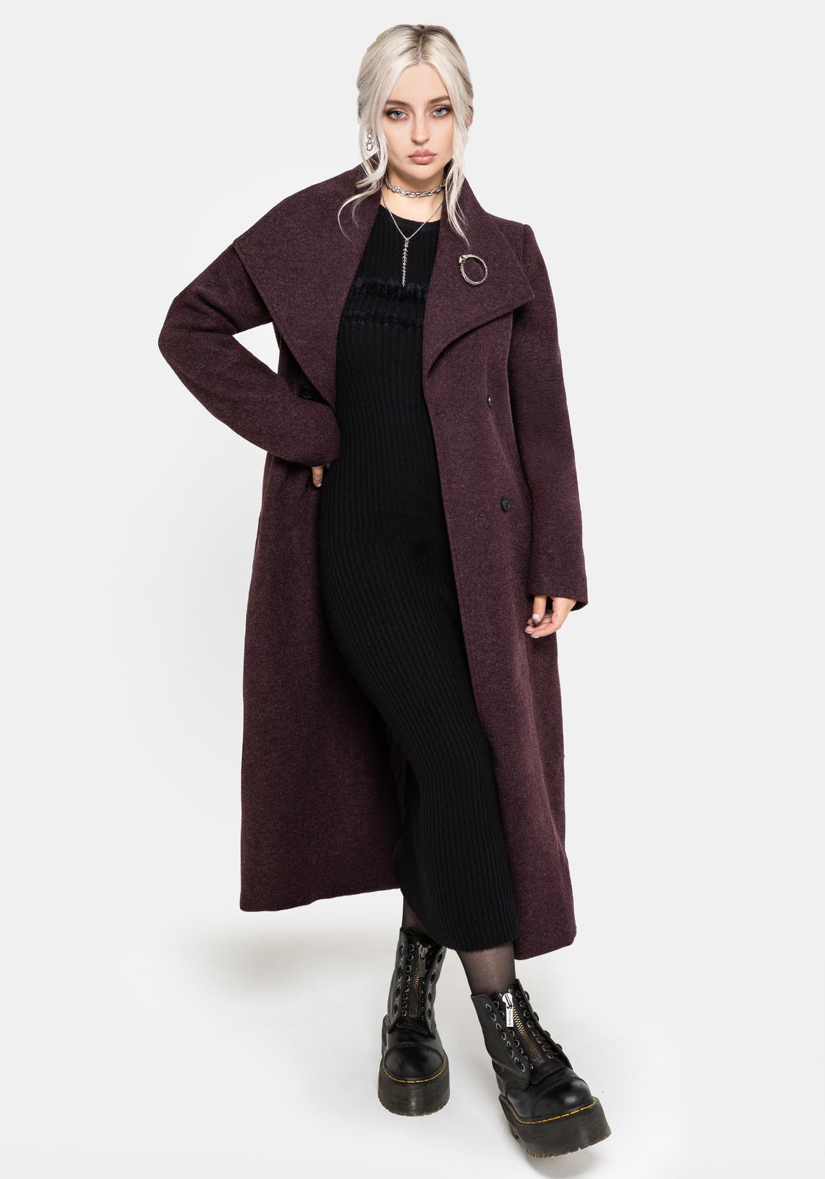 Abyss Bindung Taille Double Breasted Mantel With Schlange Brooch - Plum