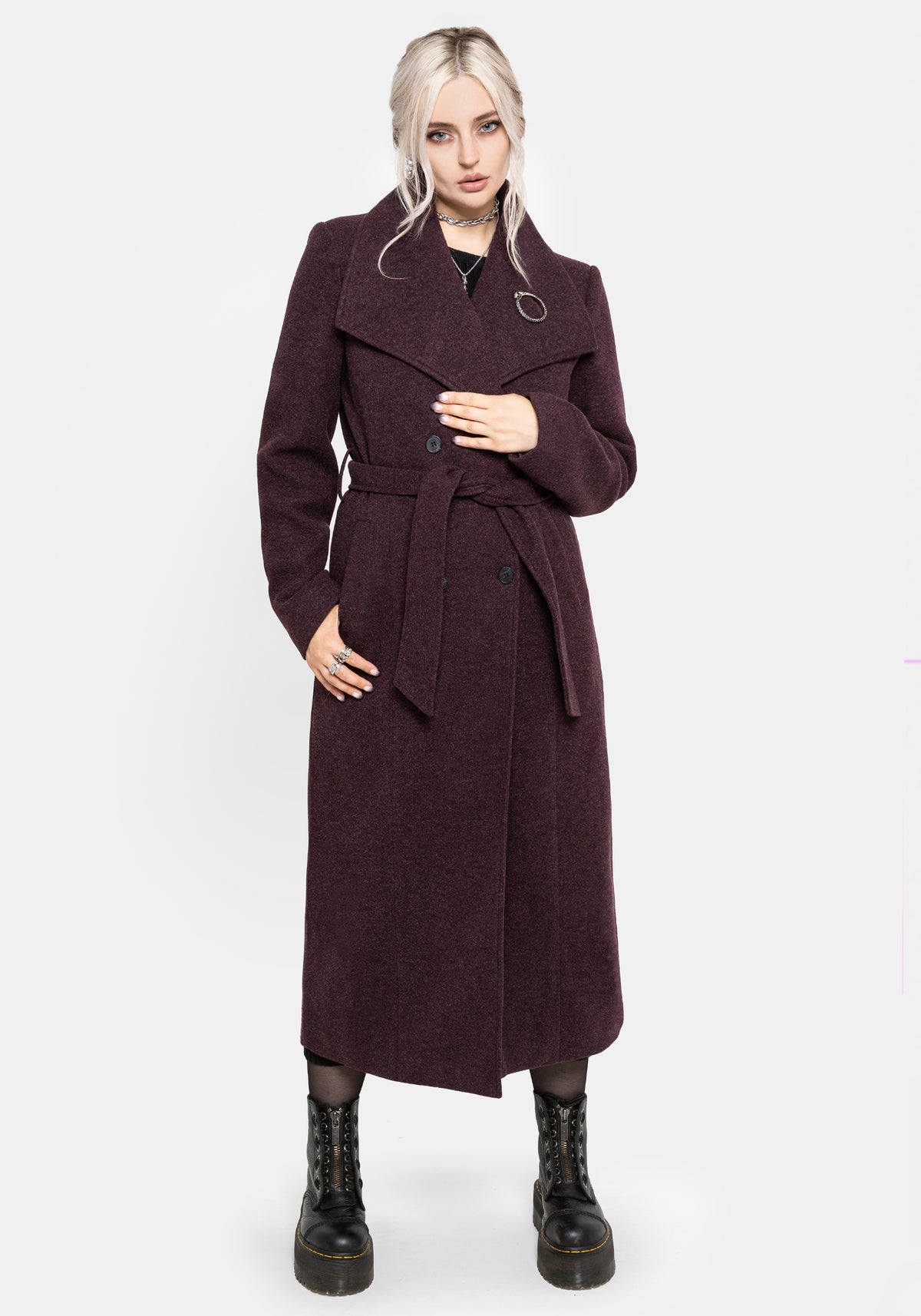 Abyss Bindung Taille Double Breasted Mantel With Schlange Brooch - Plum