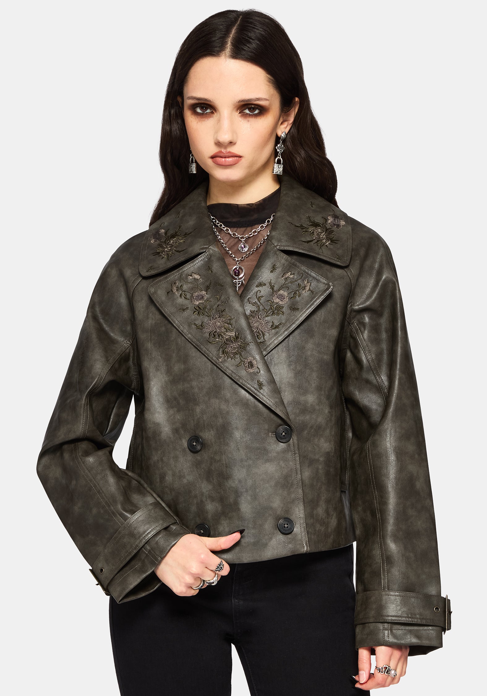 Fleux Bestickt Kurz Geschnitten Kunst- Leder Trench Jacke