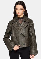 Fleux Bestickt Kurz Geschnitten Kunst- Leder Trench Jacke
