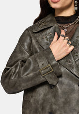 Fleux Bestickt Kurz Geschnitten Kunst- Leder Trench Jacke
