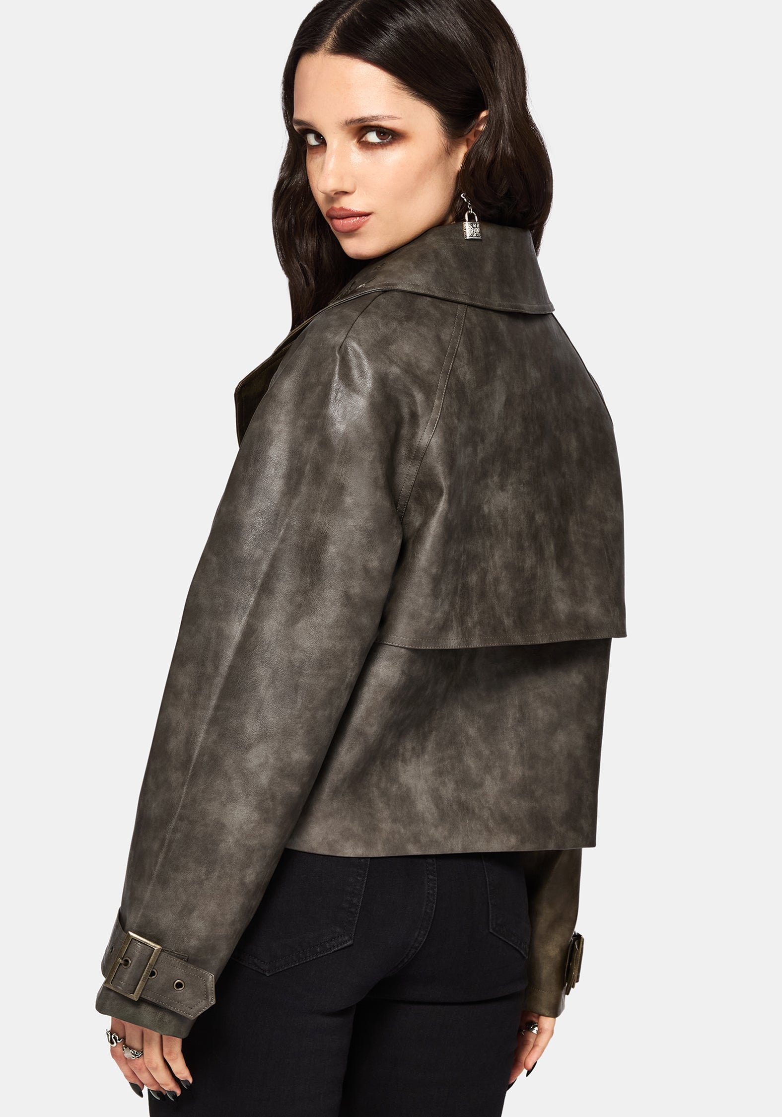 Fleux Bestickt Kurz Geschnitten Kunst- Leder Trench Jacke