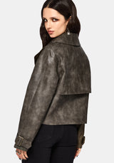 Fleux Bestickt Kurz Geschnitten Kunst- Leder Trench Jacke