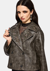 Fleux Bestickt Kurz Geschnitten Kunst- Leder Trench Jacke
