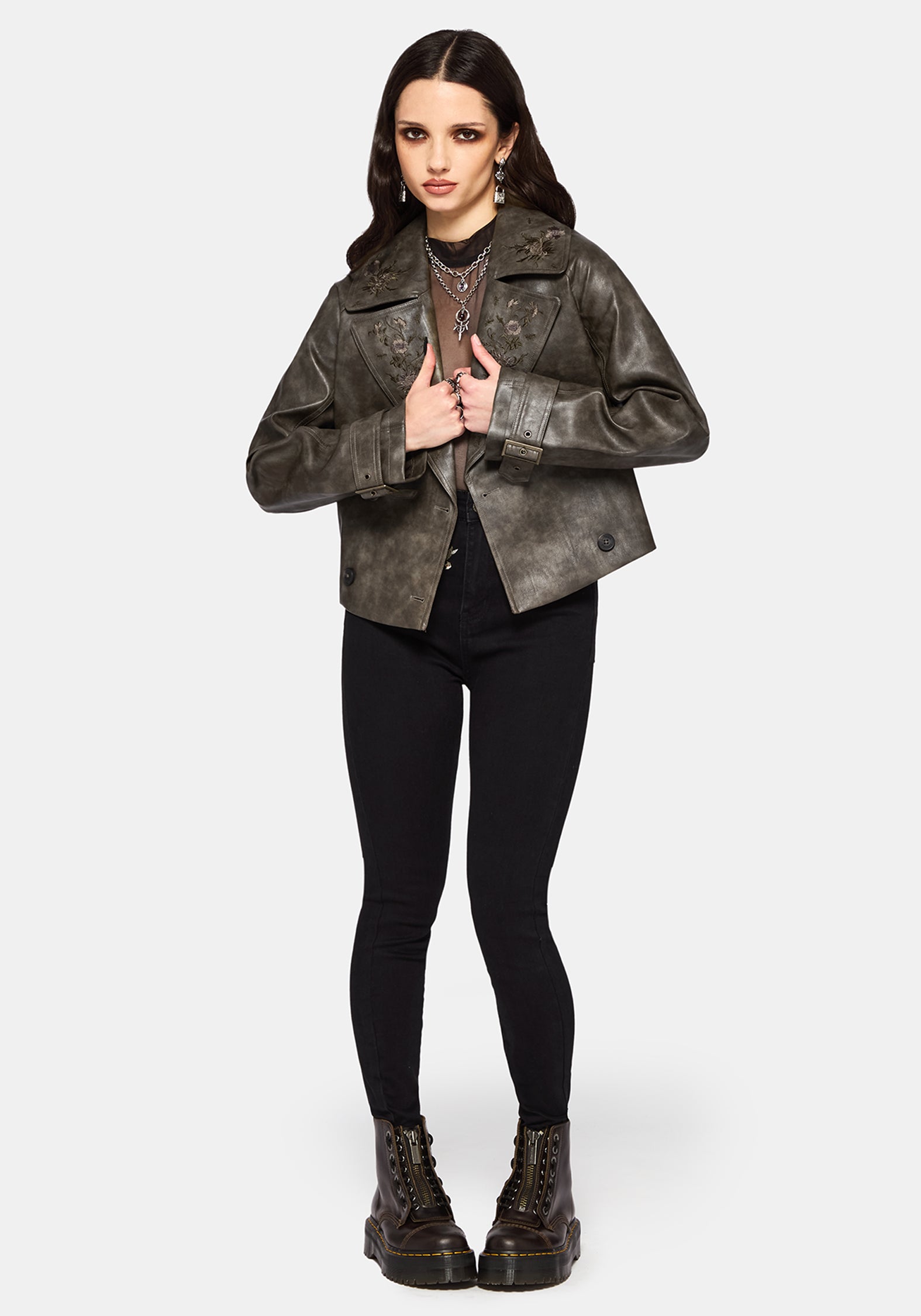 Fleux Bestickt Kurz Geschnitten Kunst- Leder Trench Jacke