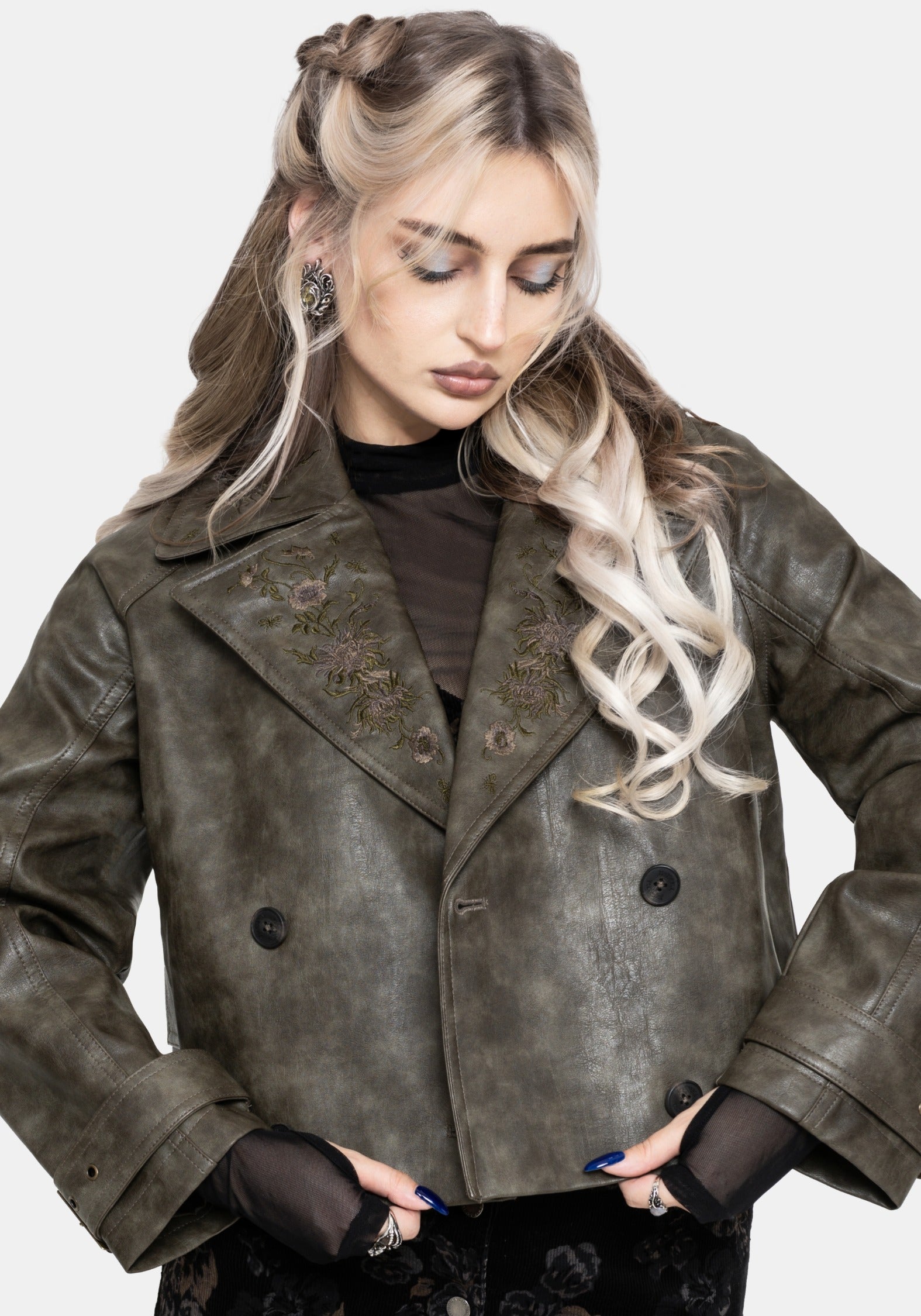 Fleux Bestickt Kurz Geschnitten Kunst- Leder Trench Jacke