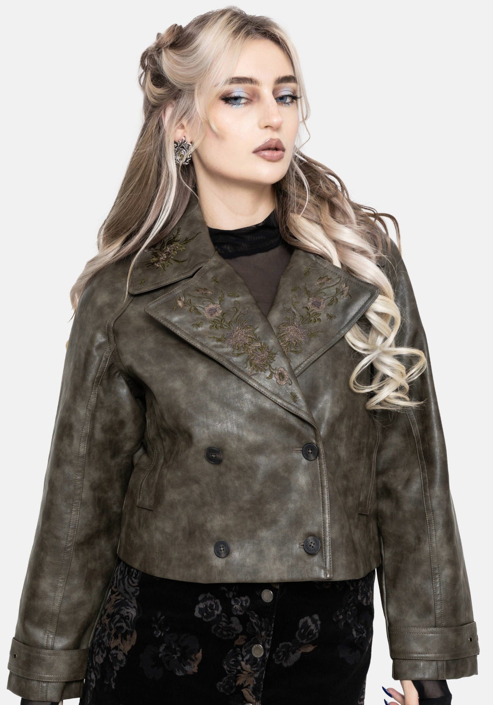 Fleux Bestickt Kurz Geschnitten Kunst- Leder Trench Jacke