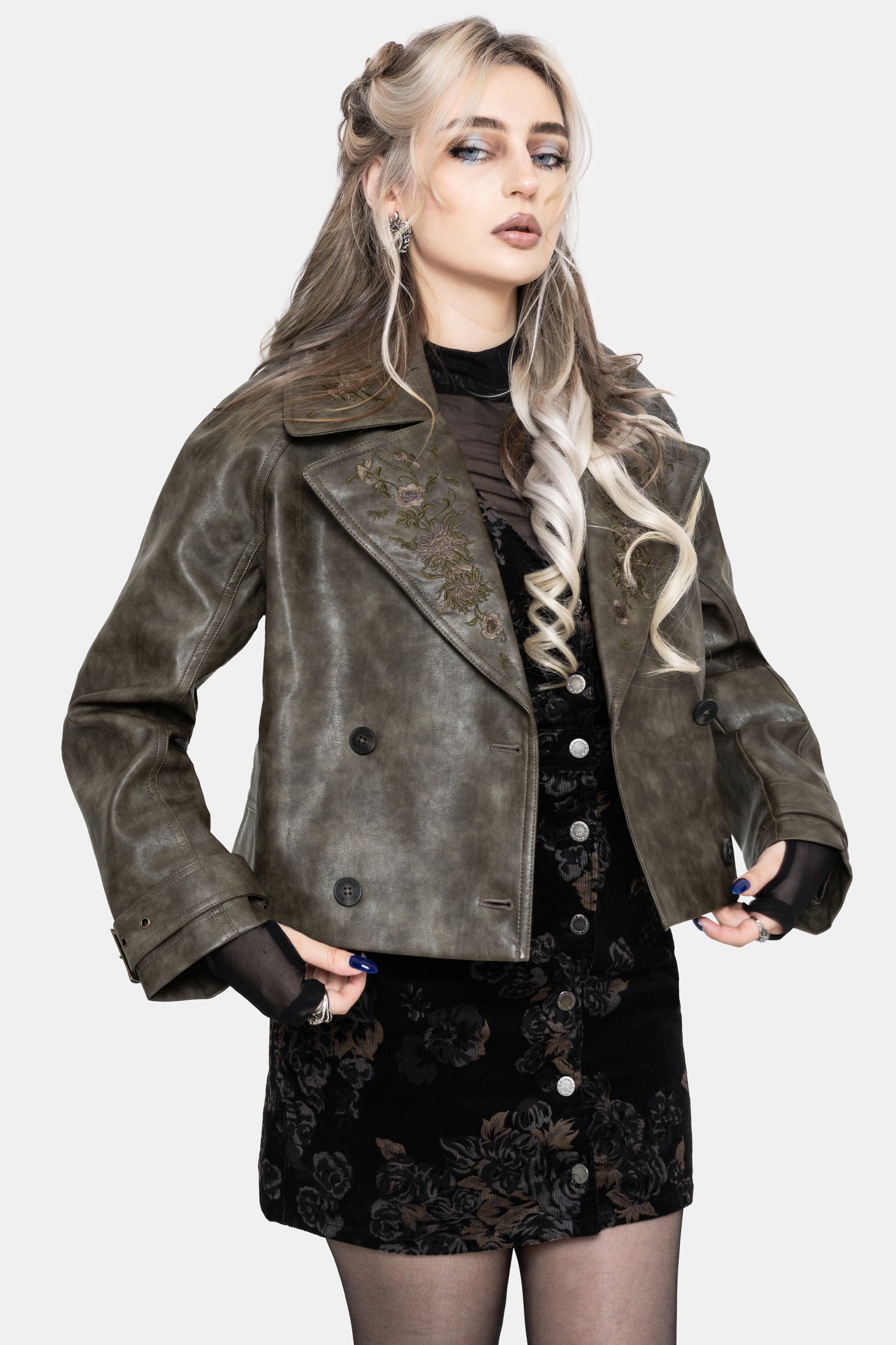 Fleux Bestickt Kurz Geschnitten Kunst- Leder Trench Jacke