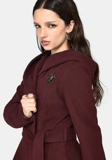 Camilla Tie Waist Hooded Coat With Bug Brooch - Burgundy