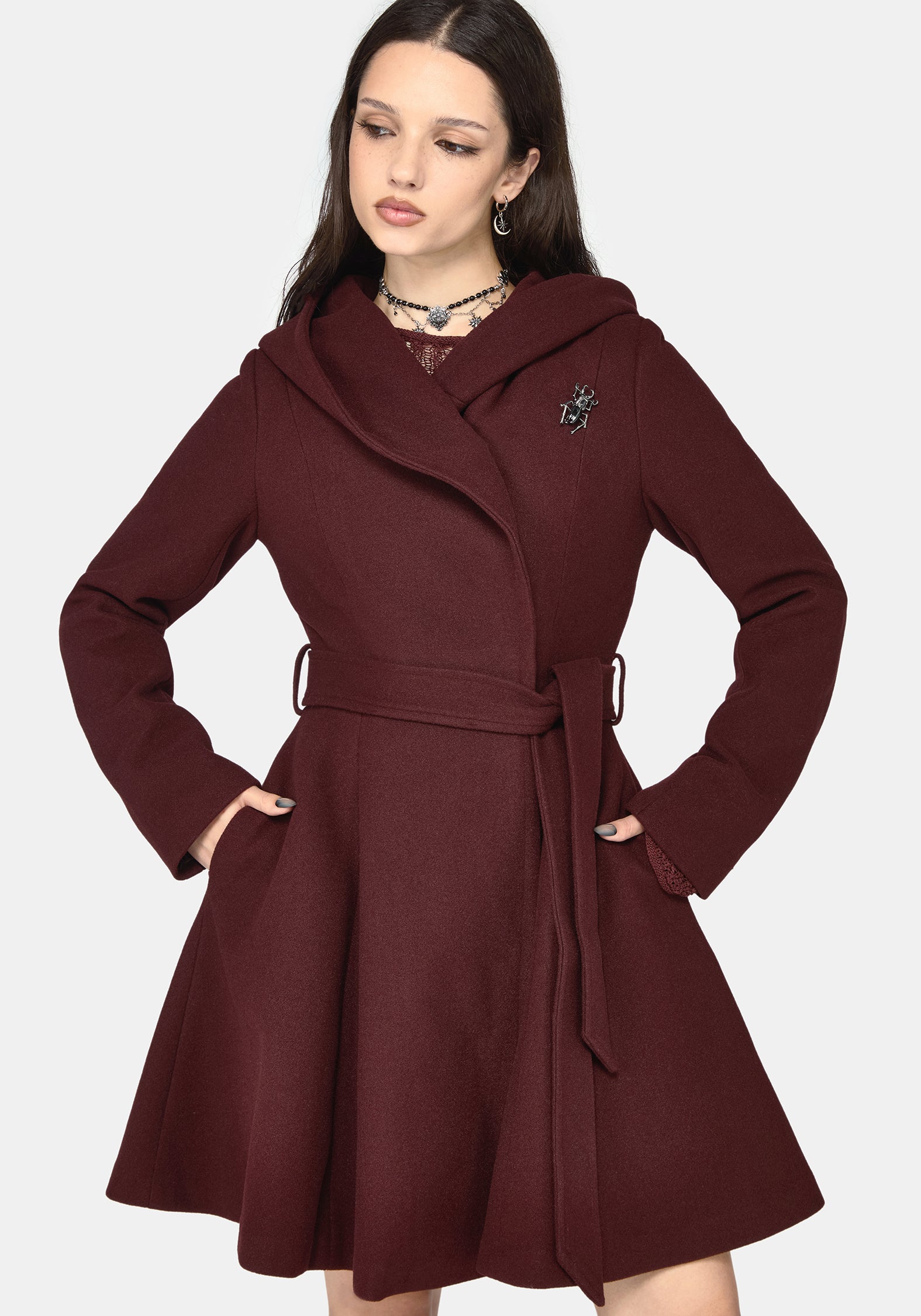 Camilla Tie Waist Hooded Coat With Bug Brooch - Burgundy