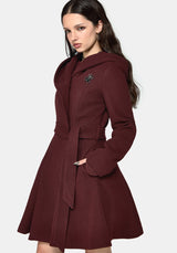 Camilla Tie Waist Hooded Coat With Bug Brooch - Burgundy