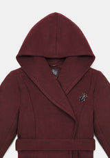 Camilla Tie Waist Hooded Coat With Bug Brooch - Burgundy