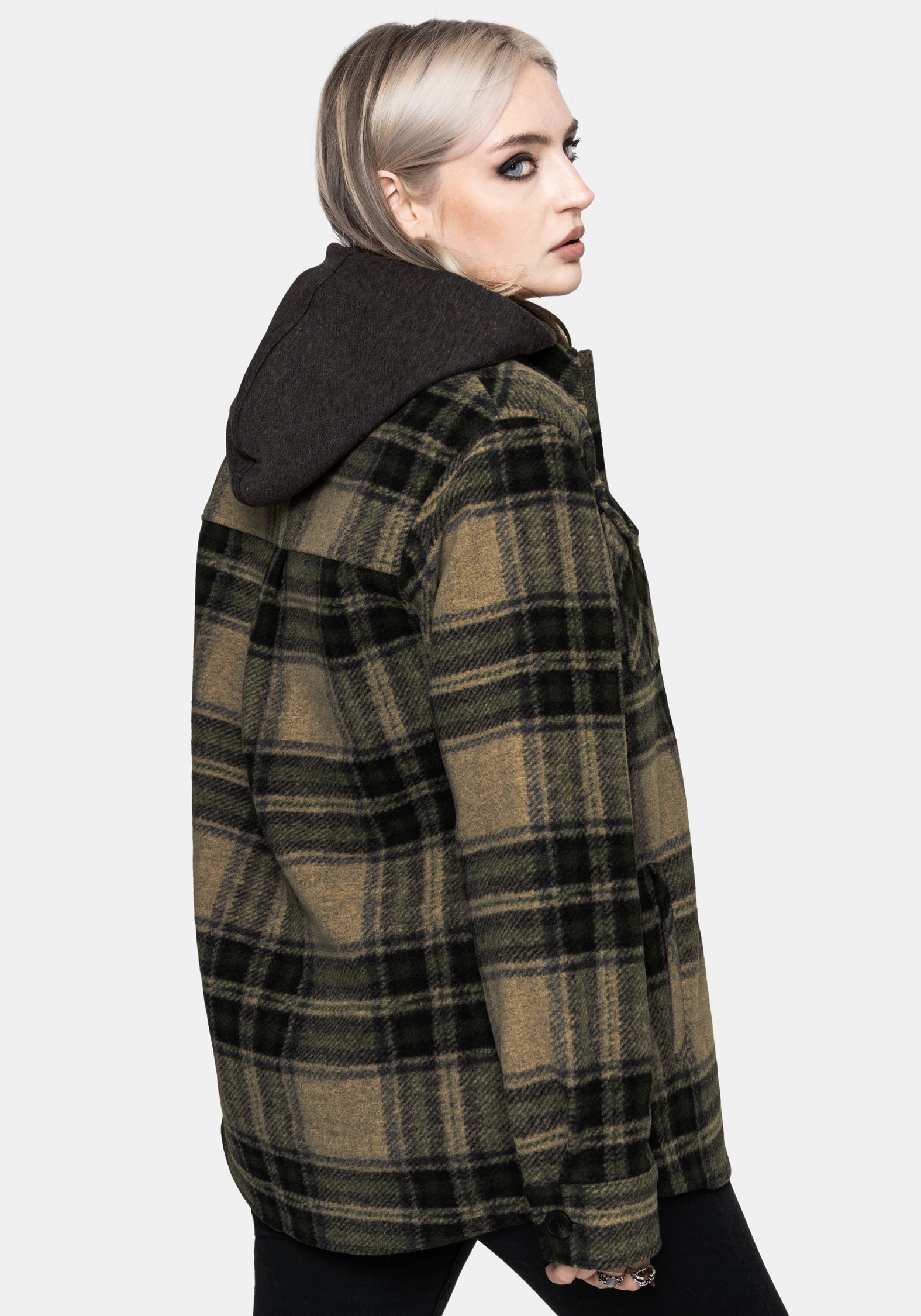 Trellis Lightweight Hooded Pocket Check Shacket - Green EU 34