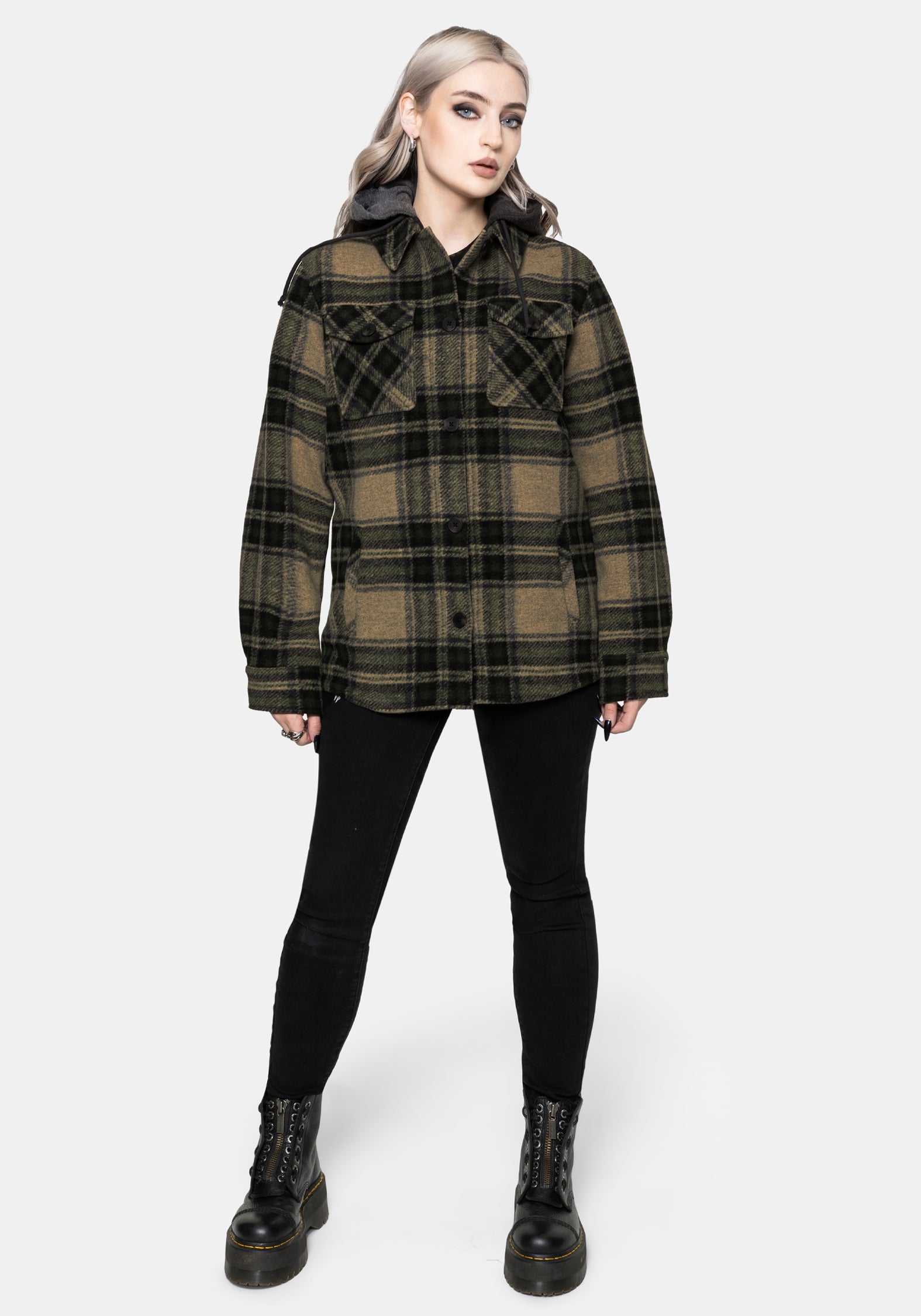Trellis Lightweight Hooded Pocket Check Shacket - Green EU 34