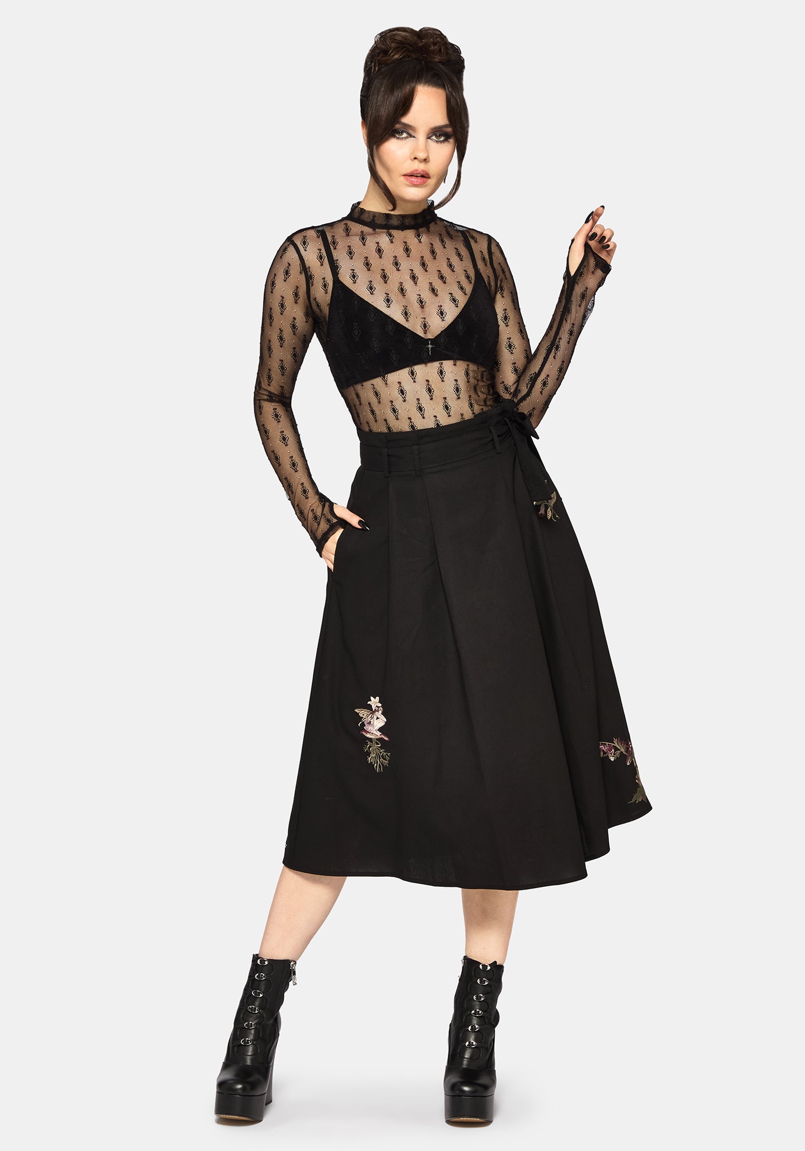 Faela Fairy Embroidered Tie Waist Paperbag Midi Skirt