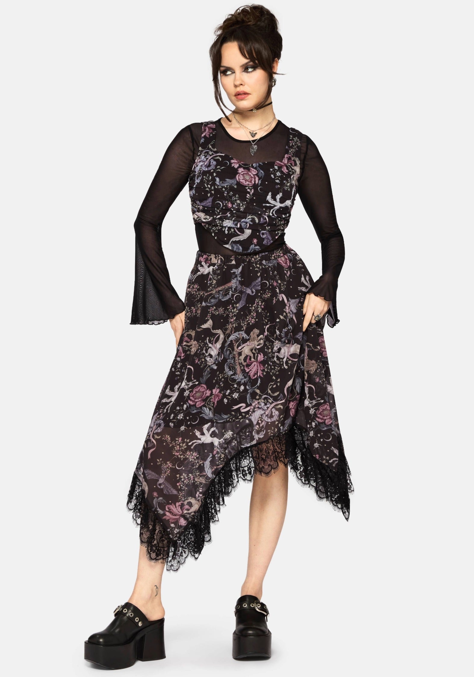 Merunicorn Enchanted Wald Chiffon Druck Midi Rock