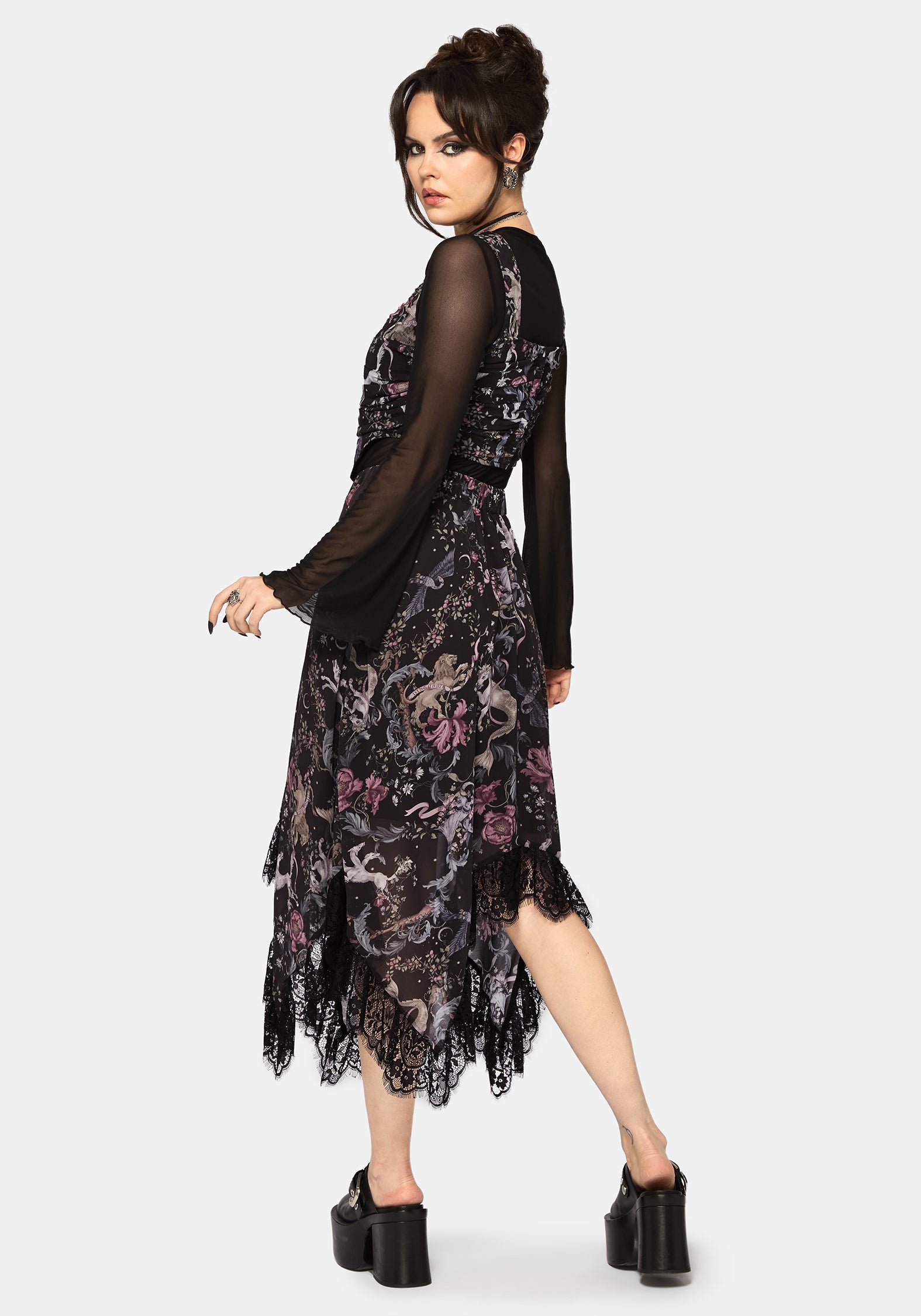Merunicorn Enchanted Wald Chiffon Druck Midi Rock
