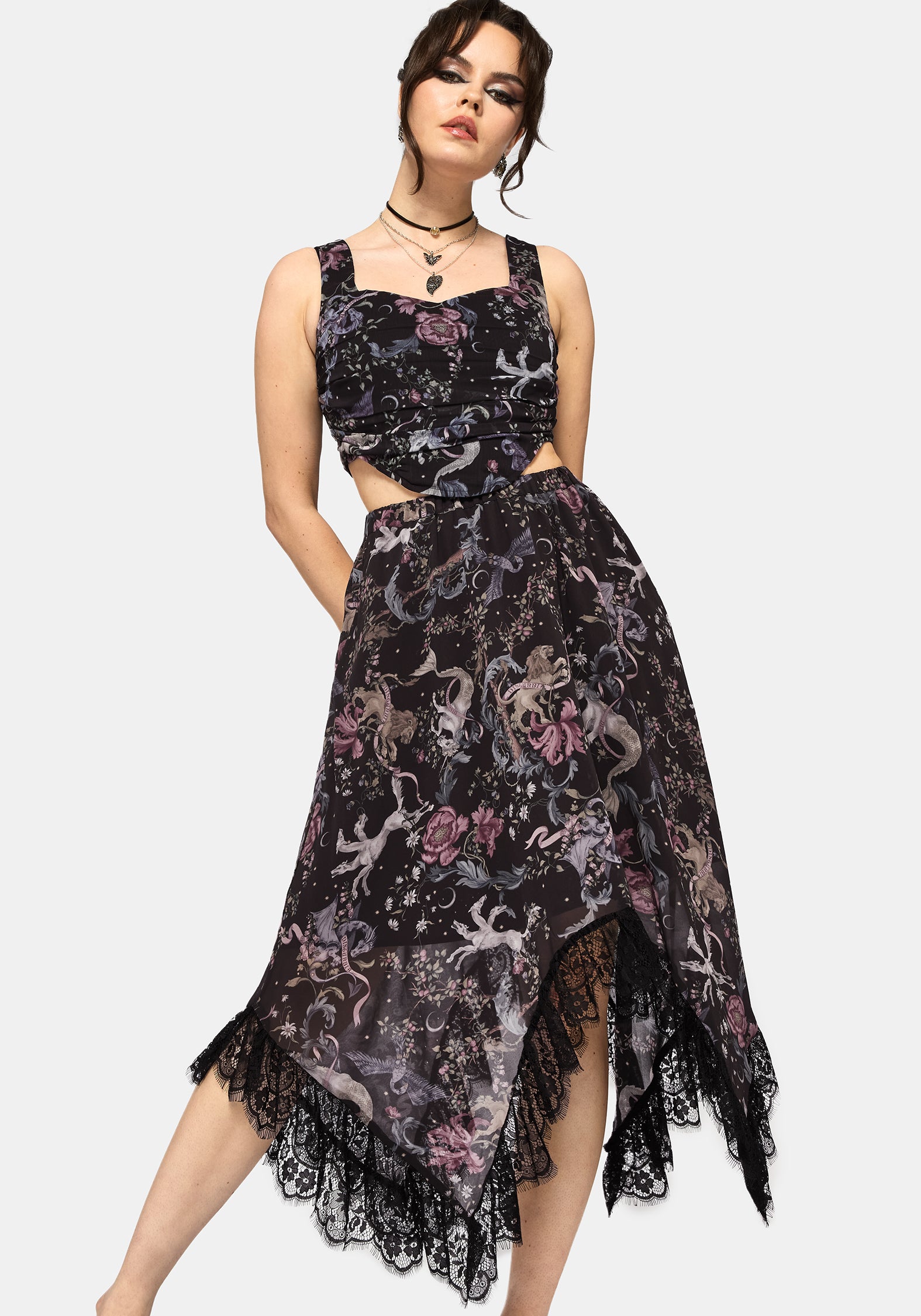 Merunicorn Enchanted Wald Chiffon Druck Midi Rock